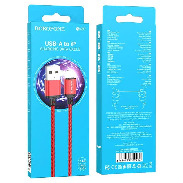 Кабель Borofone BX87 Sharp USB - Lightning усиленная оплетка красный - Фото 2 Кабель Borofone BX87 Sharp USB - Lightning усиленная оплетка красный - изображение 2