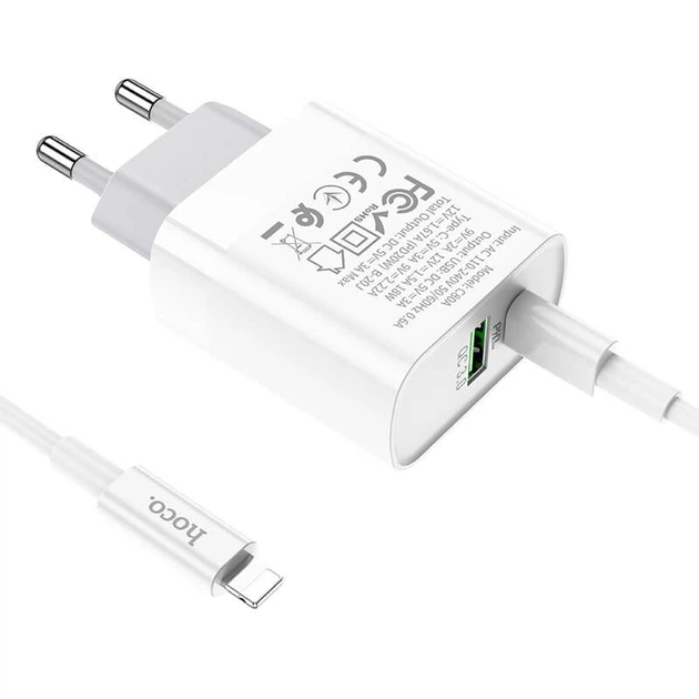 Зарядний пристрій HOCO C80A 1USB/1Type-C, QC/PD, 18W,3A адаптер з Lightning кабелем швидкою зарядкою - зображення 4
