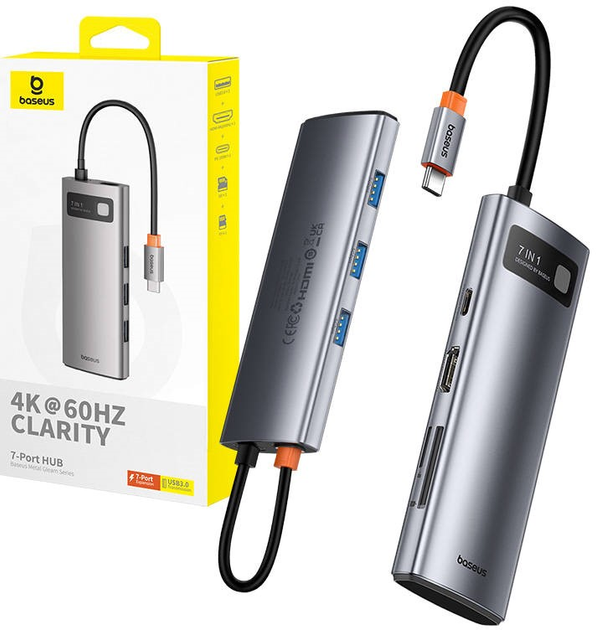 Хаб 7в1 Baseus Gleam HDMI 4K 60 Hz + 3 x USB 3.0 + 1x PD + SD/TF Gray (B00030708811-00) - зображення 1
