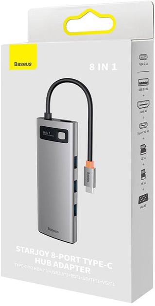 Hub USB-C 8w1 Baseus Metal Gleam Series 3 x USB 3.0 + HDMI + USB-C PD + microSD/SD + VGA (WKWG050013) - obraz 7