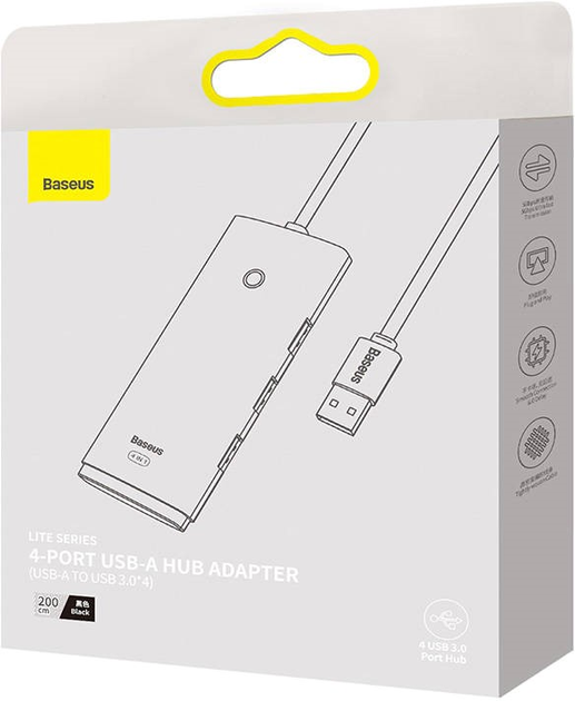 Hub USB 4w1 Baseus Lite Series 4 x USB 3.0 2 m Black (WKQX030201) - obraz 5