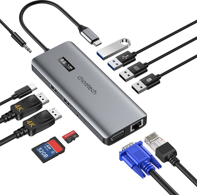 Адаптер 12в1 Choetech USB-C do USB-C+ USB-A + HDMI + VGA + AUX + SD + TF Gray (Хаб-M26) - зображення 2