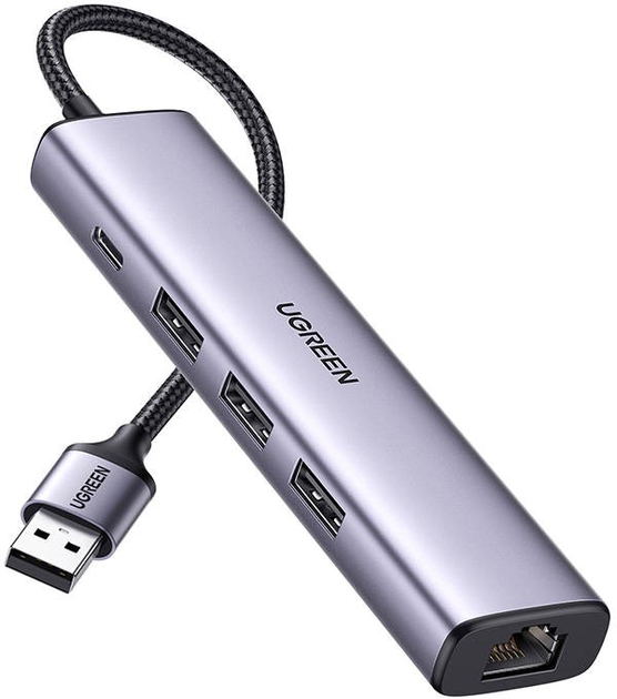 Адаптер USB 3.0 5в1 Ugreen 3 x USB 3.0 + RJ45 + USB-C Gray (6957303865543) - зображення 1