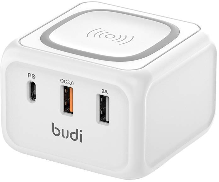 Бездротова зарядка Budi 10W 2x USB + USB-C 18 W White (6971536925546) - зображення 1