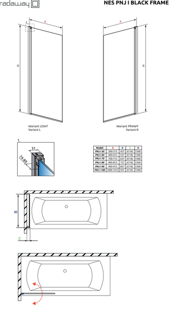 Стеклянная шторка для ванны RADAWAY Nes Black PNJ Frame 90 10011090-54-56R правая - изображение 3