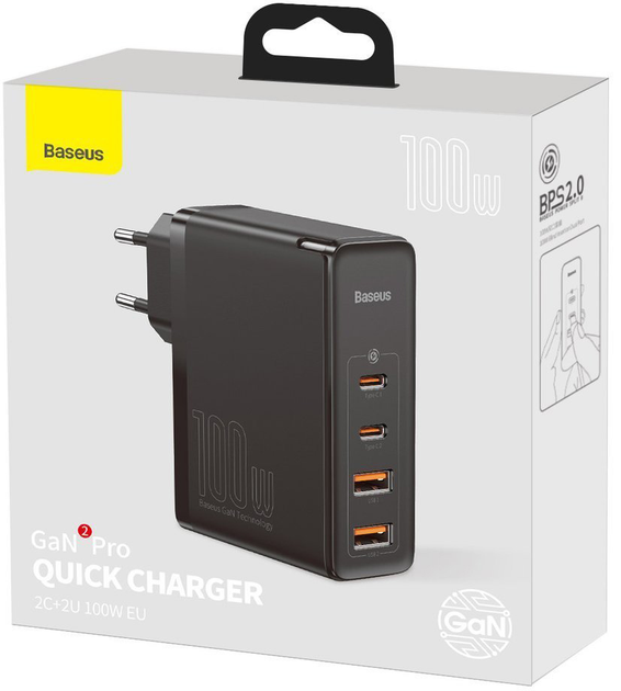 Сетевое зарядное устройство Baseus GaN2 Pro Quick Charger 2C+2U 100W EU Black - изображение 5