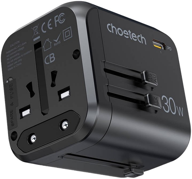 Мережевий зарядний пристрій Choetech 3 x USB-A 1 x USB-C 30 W US/EU/UK/AU Black (6932112102010) - зображення 6