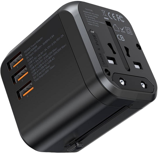 Мережевий зарядний пристрій Choetech 3 x USB-A 1 x USB-C 30 W US/EU/UK/AU Black (6932112102010) - зображення 7