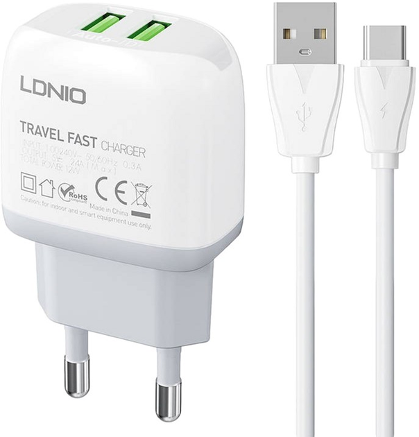 Мережевий зарядний пристрій Ldnio USB + кабель USB-C White (A2219 Type-C) - зображення 1