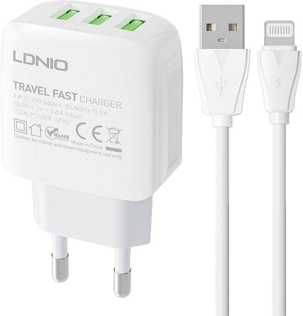 Мережевий зарядний пристрій Ldnio 3 x USB + кабель Lightning (A3312 Lightning) - зображення 1