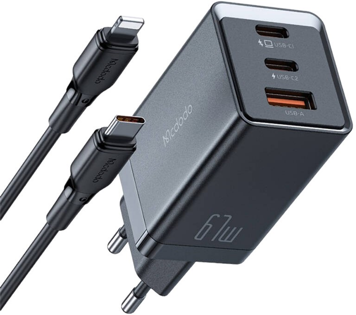 Мережевий зарядний пристрій Mcdodo GaN 2 x USB-C USB 67 W + кабель USB-C - USB-C Black (CH-1544) - зображення 1