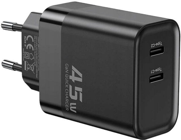 Мережевий зарядний пристрій Toocki 2 x USB-C 45 W Black (TCT2C-BEB01-L) - зображення 1