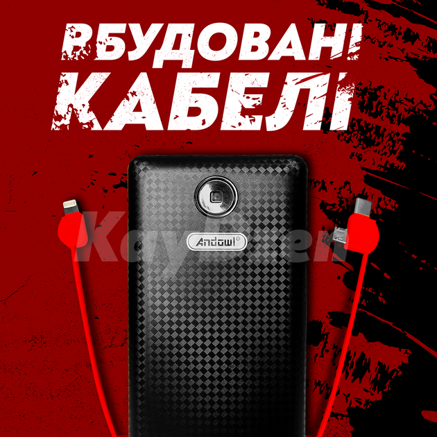 Повербанк умб 20000 mah со встроенными кабелями micro usb type c lightning Andowl Q-T70Х1 павербанк для телефона роутера устройств powerbank внешний портативный аккумулятор повербанки большой емкости черно красный - изображение 4