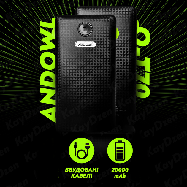 Повербанк умб 20000 mah со встроенными кабелями micro usb type c lightning Andowl Q-T70Х1 павербанк для телефона роутера устройств powerbank внешний портативный аккумулятор повербанки большой емкости черно зеленый - изображение 4