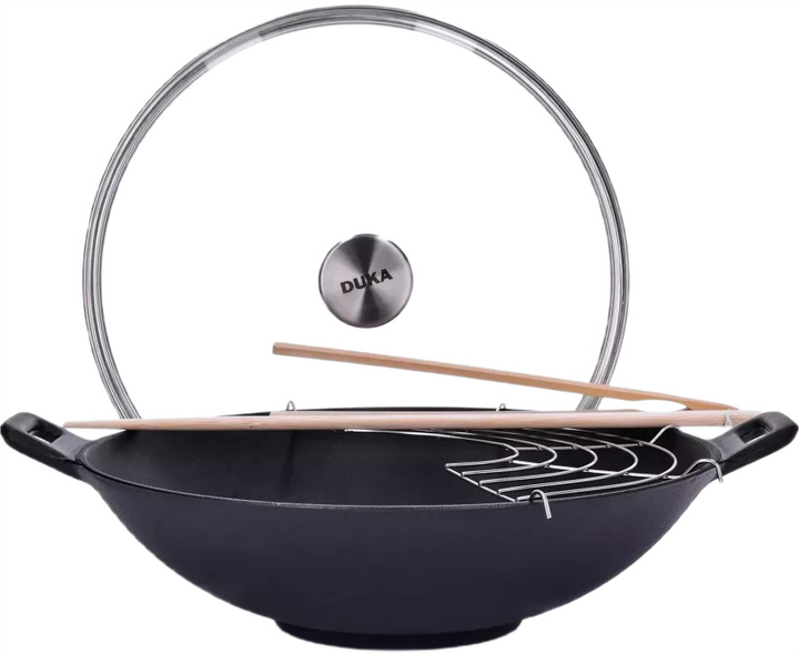 Patelnia wok z pokrywką Duka Bjorn czarny żeliwo 30 cm (5901912174733) - obraz 1