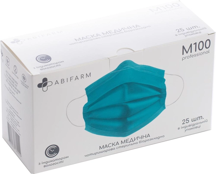 Медичні маски Abifarm M100 з індикатором вологості, 4-шарові, стерильні, 25 шт. (1М1001) (4820238360044) - зображення 1