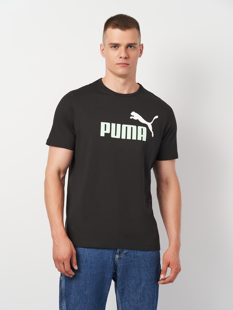 Акція на Футболка бавовняна довга чоловіча Puma ESS+ 2 Col Logo Tee 58675997 XXL Black-Fresh Mint від Rozetka