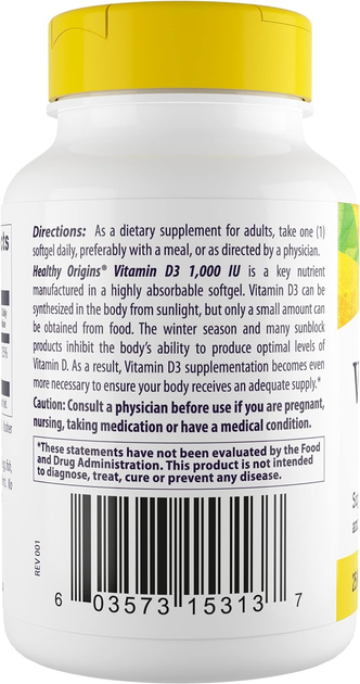 Витамин Д3, Healthy Origins, 1000 МЕ, 90 капсул (HOG-15313) - изображение 2