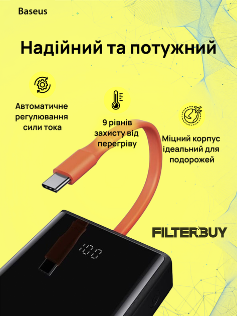 Павербанк для ноутбука + кабель для роутера Baseus Power Bank 20000mAh Elf Digital Display 65W Black Зовнішній акумулятор чорний - зображення 2