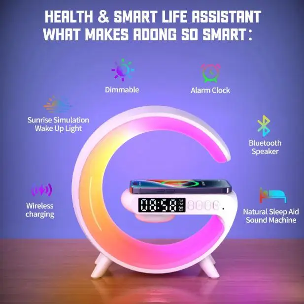 Лампа-ночник с беспроводной зарядкой, будильником и bluetooth колонкой, smart light sound machine 45RVK-2664 - Фото 5 Лампа-ночник с беспроводной зарядкой, будильником и bluetooth колонкой, smart light sound machine 45RVK-2664 - изображение 5