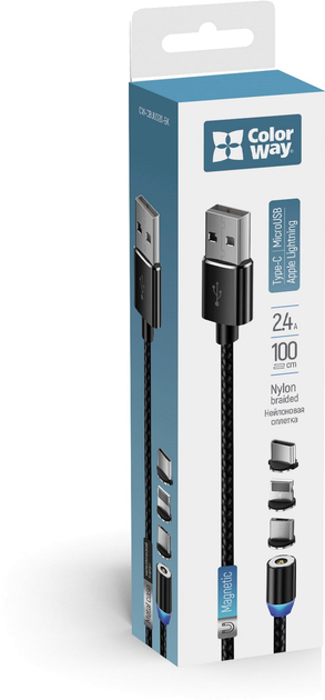 Кабель ColorWay USB - 3в1 Lightning + MicroUSB + Type-C Magnetic 2.4а 1м Black - Фото 5 Кабель ColorWay USB - 3в1 Lightning + MicroUSB + Type-C Magnetic 2.4а 1м Black - изображение 5