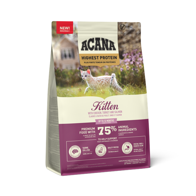 Сухий корм для кошенят Acana ACANA CAT HIGHEST PROTEIN KITTEN з куркою, індичкою та лососем, 1.8 кг - Фото 2 Сухий корм для кошенят Acana ACANA CAT HIGHEST PROTEIN KITTEN з куркою, індичкою та лососем, 1.8 кг - изображение 2