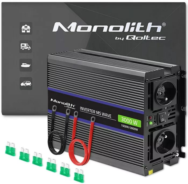 Автомобільний інвертор Qoltec Monolith 3000 MS Wave 1500 Вт/3000 Вт, 12 В на 230 В (5901878519272) - зображення 8