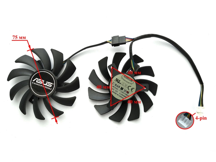 Вентилятор кулер Everflow для видеокарты ASUS (orgnl) 75 мм 4-pin T128010BH (FD7010H12S T128010SH T128010SU FD7010H12D PLD08010S12HH) комплект 2 шт (№85.8) - изображение 3