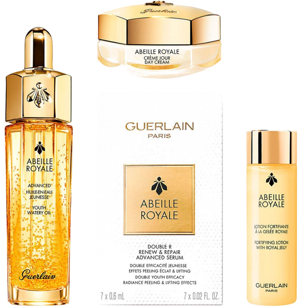 Набір для догляду за обличчям Guerlain Abeille Royale Anti-Aging Program Денний крем для обличчя 15 мл + Зміцнювальний лосьйон 15 мл + Олія для обличчя 15 мл + Сироватка для обличчя в капсулах 7 х 0.6 мл (3346470617162) - зображення 1