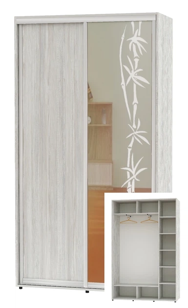 Шкаф-купе двухдверный Алекса 150*45*230 Сосна Натти ДСП/Зеркало с пескоструйным рисунком - Фото 1 Шкаф-купе двухдверный Алекса 150*45*230 Сосна Натти ДСП/Зеркало с пескоструйным рисунком - изображение 1