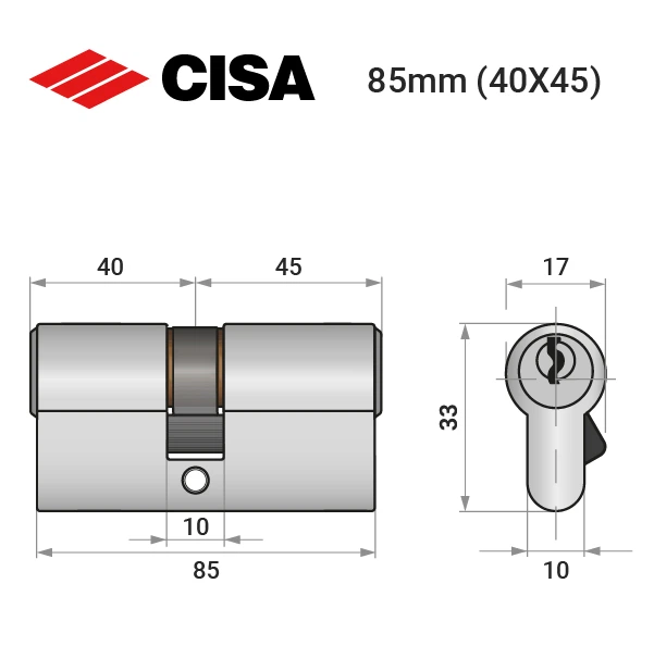 Цилиндр CISA C2000 85 (40*45) никель матовый 3 ключа - изображение 8