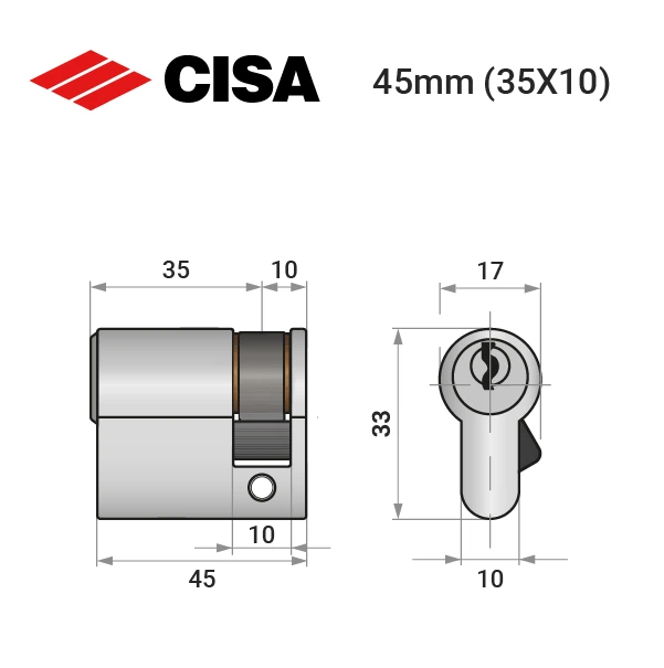Цилиндр половинка CISA C2000 45 (35*10) никель матовый 3 ключа - изображение 7