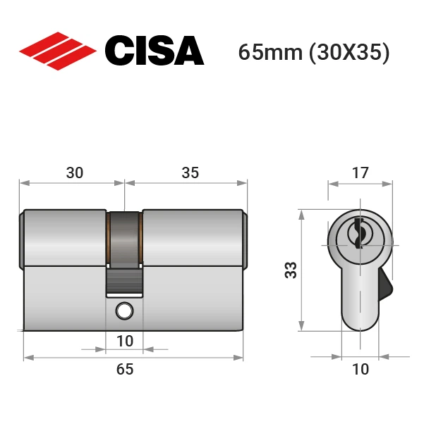 Цилиндр CISA C2000 65 (30*35) никель матовый 3 ключа - изображение 8