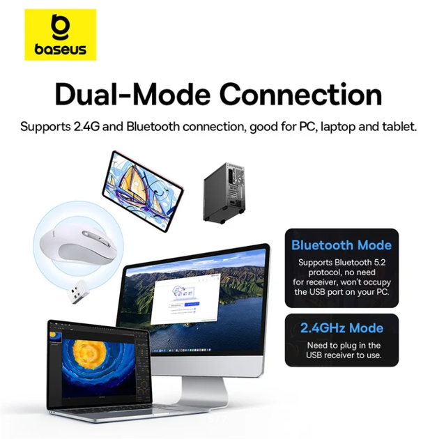 Беспроводная мышь Baseus F02 Ergonomic Wireless Mouse 2.4G Bluetooth 4000DPI Black - изображение 5