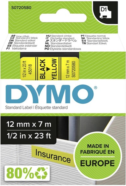 Стрічка для етикеток Dymo S0720580 D1 12 мм x 7 м Yellow/Black (5411313450188) - зображення 1