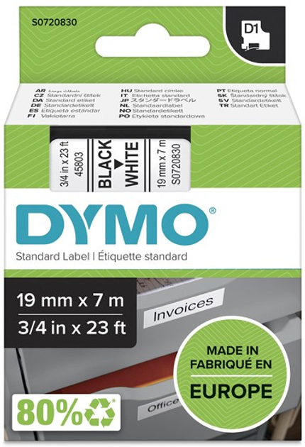 Стрічка для етикеток Dymo S0720830 D1 19 мм x 7 м White/Black (5411313452137) - зображення 1