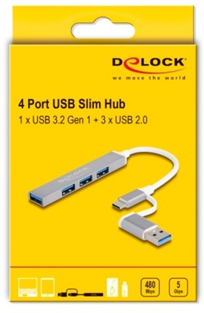 USB Hub Delock 4 Port Slim USB Type-A/Type-C Grey (4043619642144) - obraz 4