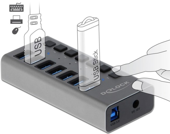 USB Hub Delock External Hub with 7 Ports + Switch Grey (4043619636693) - obraz 2