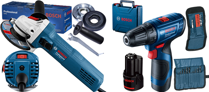 Набір Кутова шліфувальна машина Bosch Professional GWS 750 S, 750Вт, 125мм диск, регулятор швидкості (0601394121) + Акумуляторний дриль-шурупокрут Bosch GSR 120-LI + 2 акб 2.0 Ah + ЗУ + Набір біт 11 шт. + Набір свердл 12 шт. (06019G8002) - зображення 1