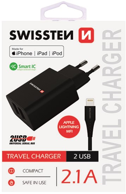 Ładowarka Swissten Smart IC 10W 2 x USB-A + kabel Lightning Mfi Black (22056000) - obraz 1