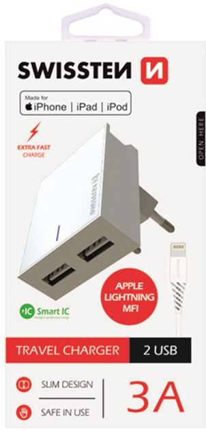 Ładowarka Swissten AC Adapter 2 x USB-A + kabel Lightning Mfi 15W White (22045000) - obraz 1