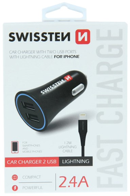 Автомобільний зарядний пристрій Swissten CL 2 x USB-A 12W Quick Charge 2.4 + кабель Lightning 1.2 м Black (20110910) - зображення 1