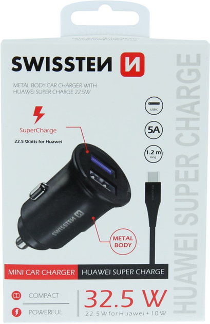 Ładowarka samochodowa Swissten Huawei Supercharge 2 x USB-A 32.5W + kabel USB-C 1.2 m Black (20116100) - obraz 2