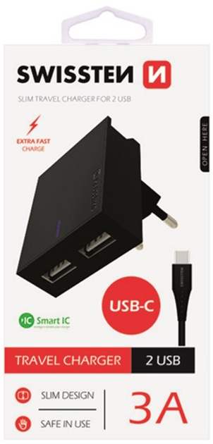 Ładowarka Swissten USB-A + kabel USB-C 15W Black (22044000) - obraz 1