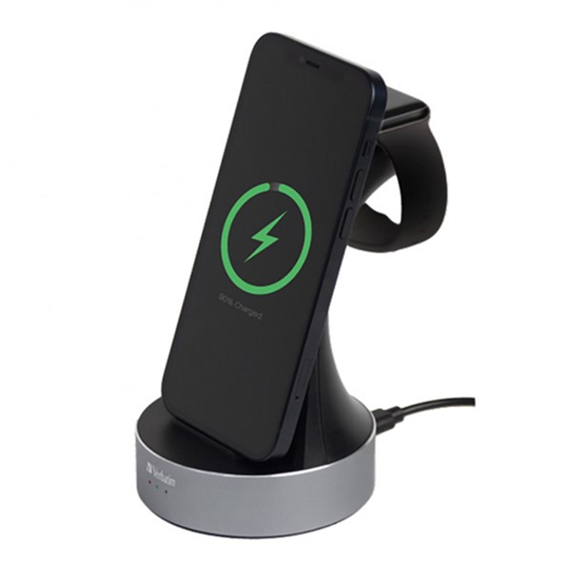 Бездротова зарядна підставка Verbatim 2 in 1 для Apple iPhone та Watch USB-C Black-Silver (5002394249555) - зображення 3