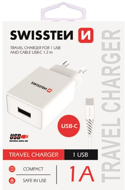 Зарядний пристрій Swissten USB-A + кабель USB-C 5W White (22063000) - зображення 1