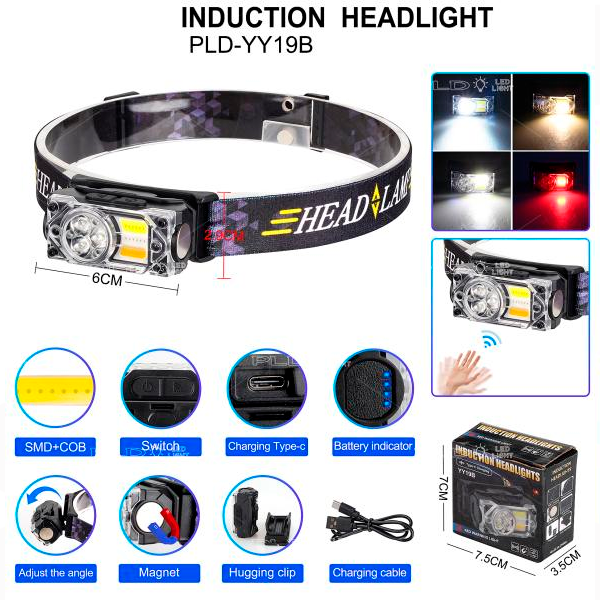 Налобный фонарь YY-19B, 3SMD+2COB, красный, желтый, белый, датчик движения, АКБ Li-Ion, магнит, ЗУ Type-C - зображення 2