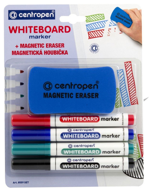 Zestaw markerów Centropen Whiteboard Markers 2.5 mm z gąbka magnetyczna 4 szt (8595013636596) - obraz 1