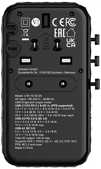 Uniwersalny adapter podróżny Verbatim 2 x USB-C PD QC 4+1xUSB-C PD 3.0 1 x USB-A QC 140W Czarny (0023942321255) - obraz 5