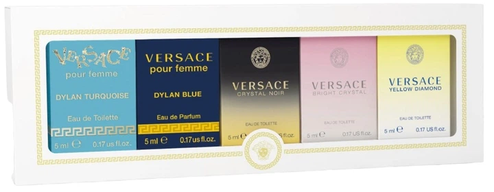 Набір мініатюр для жінок Versace Туалетна вода Crystal Noir 5 мл + Dylan Turquoise 5 мл + Yellow Diamond 5 мл + Bright Crystal 5 мл + Парфумована вода Dylan Blue 5 мл (8011003869398) - зображення 2
